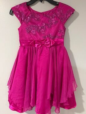 Jona Michelle Hot Pink Sequin Floral Chiffon Party Dress with Bow